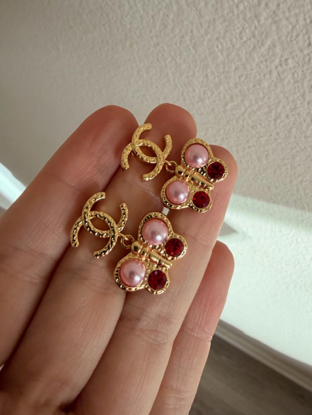 Chanel Gold CC Butterfly Drop Earrings w/ Pearl & Red Crystals - Picture 9 of 10